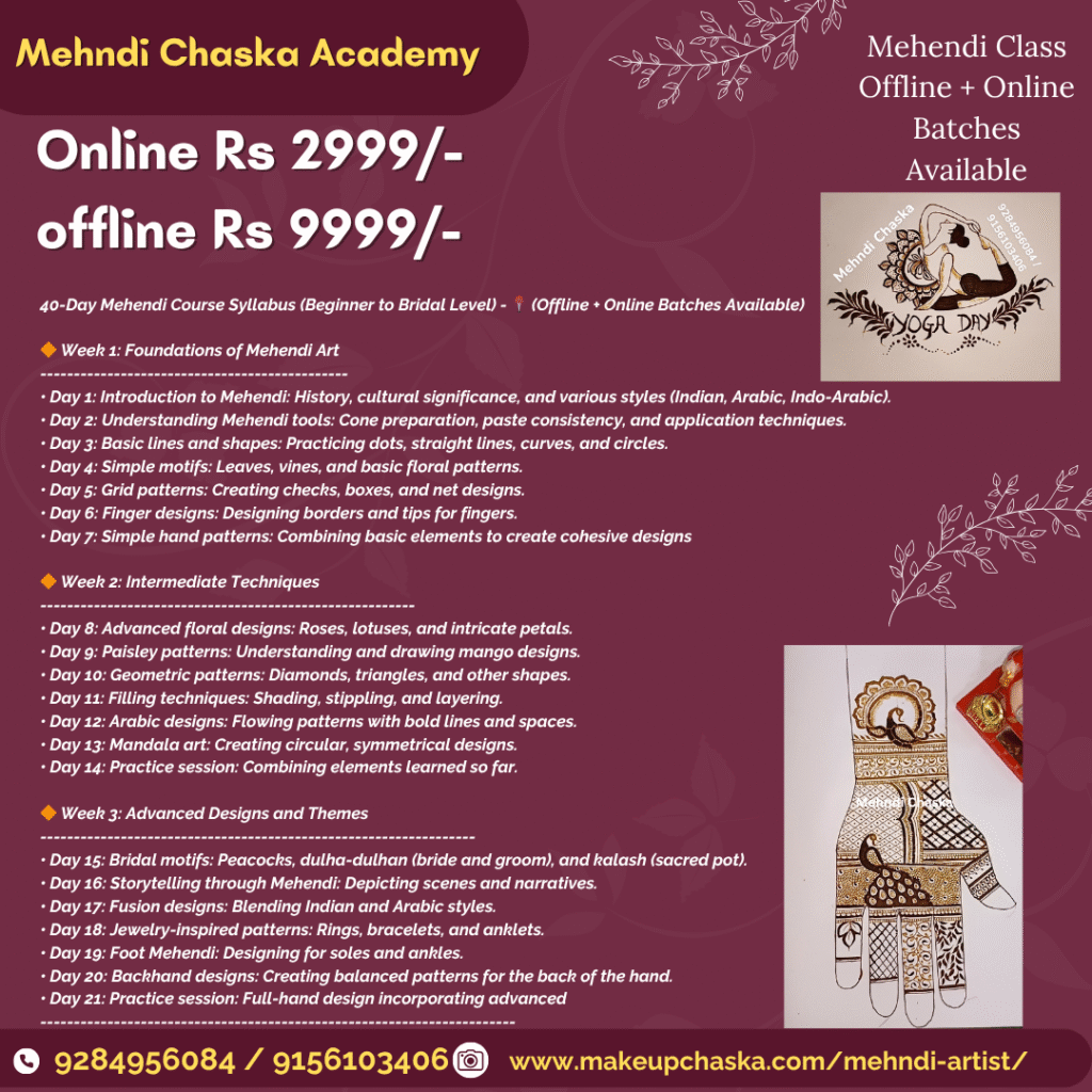 Mehndi Chaska 40-Day Mehendi Course Syllabus (Beginner to Bridal Level) - 📍 (Offline + Online Batches Available)