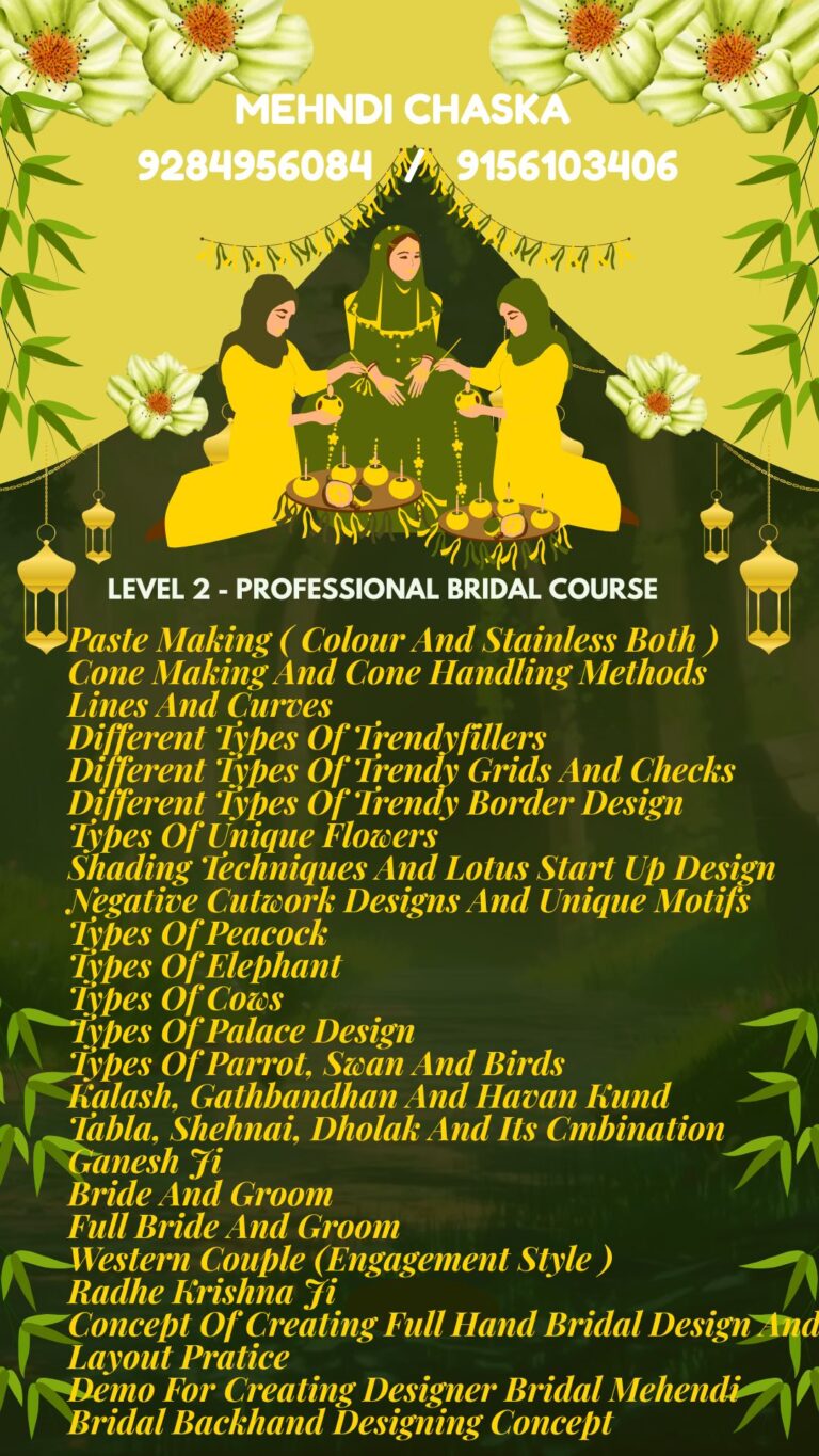 Professional Bridal Mehendi Course Image – Covers full bridal mehendi layouts, trendy fillers, cutwork, motifs, peacock, elephant, kalash, ganesh ji, and bride-groom design demos.