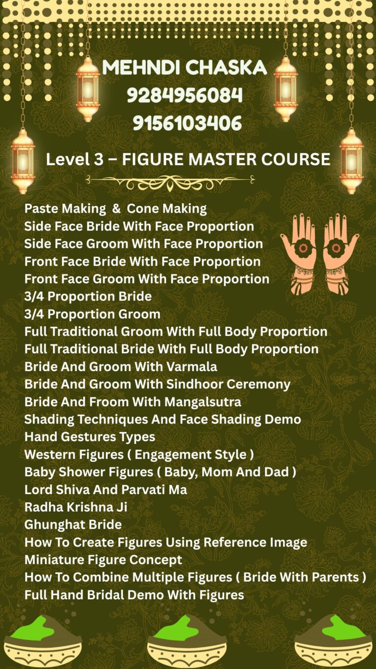 Advanced Figure Master Course Image – Learn full-body traditional bride and groom mehendi figures, face proportions, Radha Krishna, Shiva Parvati, baby shower and miniature figure art.